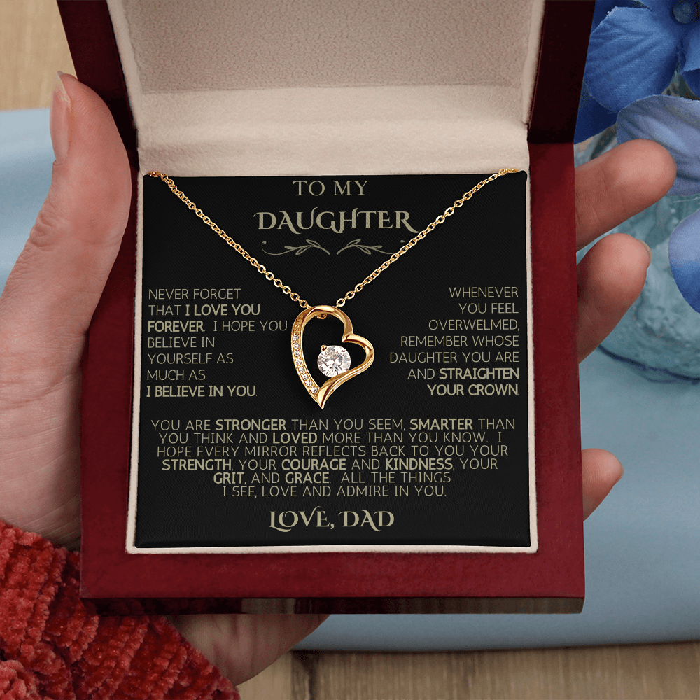 To My Daughter | Never Forget | Forever Love Necklace - Black Card with Gold Message