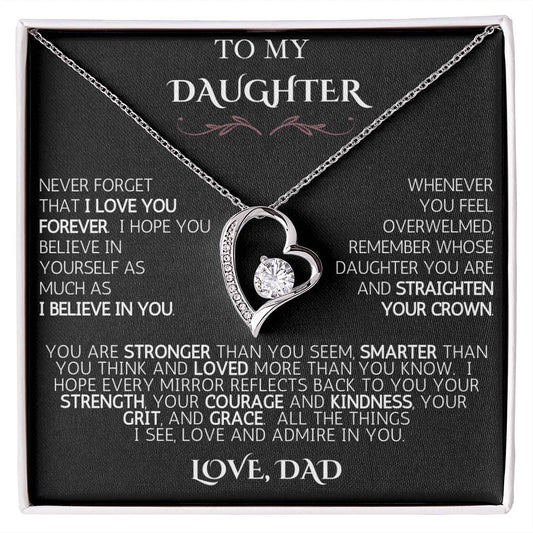 To My Daughter | Never Forget | Forever Love Necklace - Black Card with White Message
