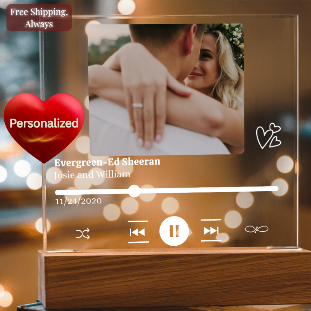 Personalized Photo, Song/Artist, Names & Date Acrylic Plaque with LED Light  - Gift for Couples