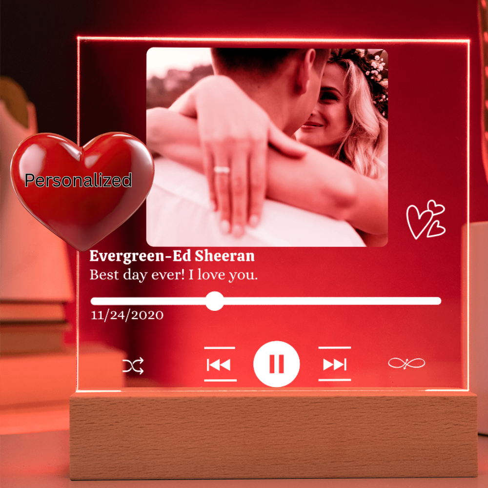 Personalized Photo, Song/Artist, Names & Date Acrylic Plaque with LED Light  - Gift for Couples