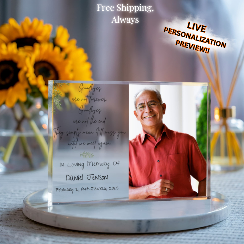 In Loving Memory Acrylic Block – “Goodbyes Are Not Forever” Poem with CLEAR  Panel & Custom Photo | Memorial Keepsake 7×5.25