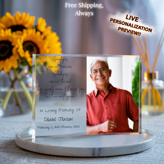 In Loving Memory Acrylic Block – “Goodbyes Are Not Forever” Poem with CLEAR  Panel & Custom Photo | Memorial Keepsake 7×5.25