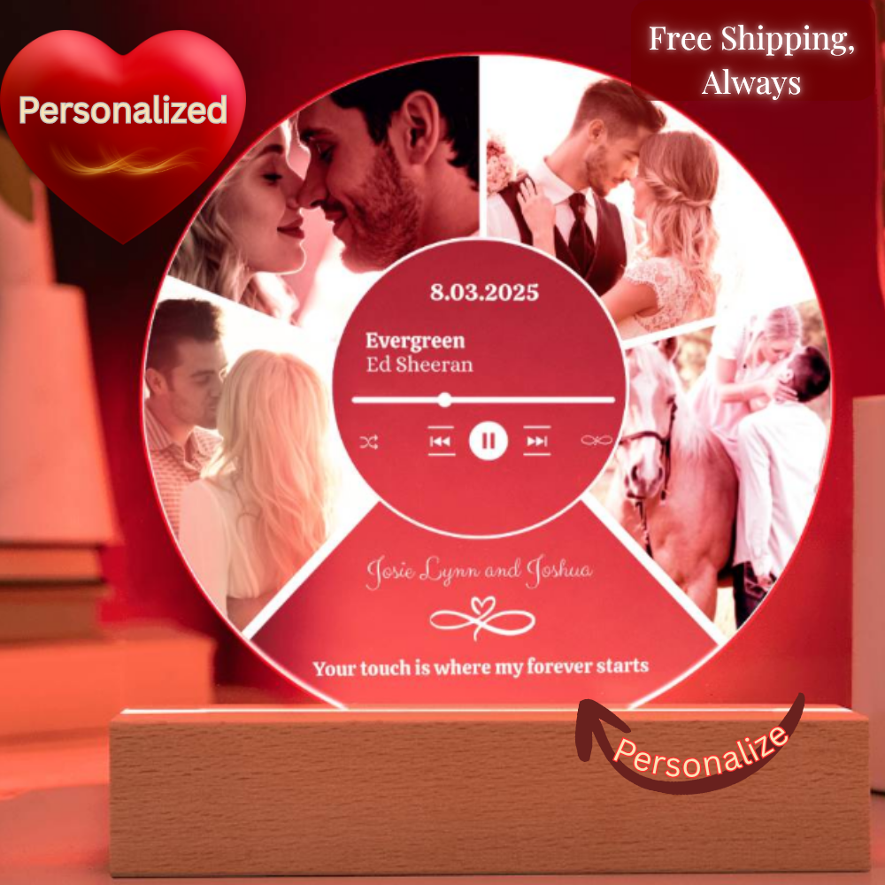 Personalized 4-Photo Collage Round Acrylic Plaque with LED Light | Custom Gift for Couples, Wives & Husbands