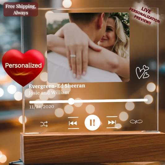 Personalized Photo, Song/Artist, Names & Date Acrylic Plaque with LED Light  - Gift for Couples