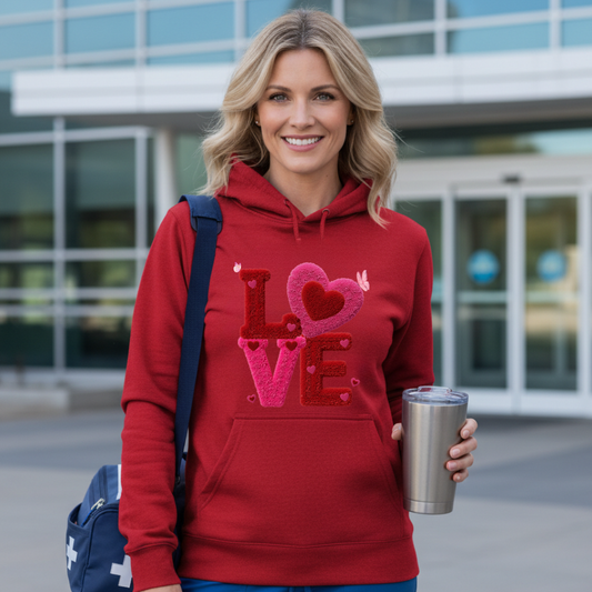 Fuzzy LOVE Hoodie - Valentine's Day Chenille-Style Heart  Hoodie - Unisex