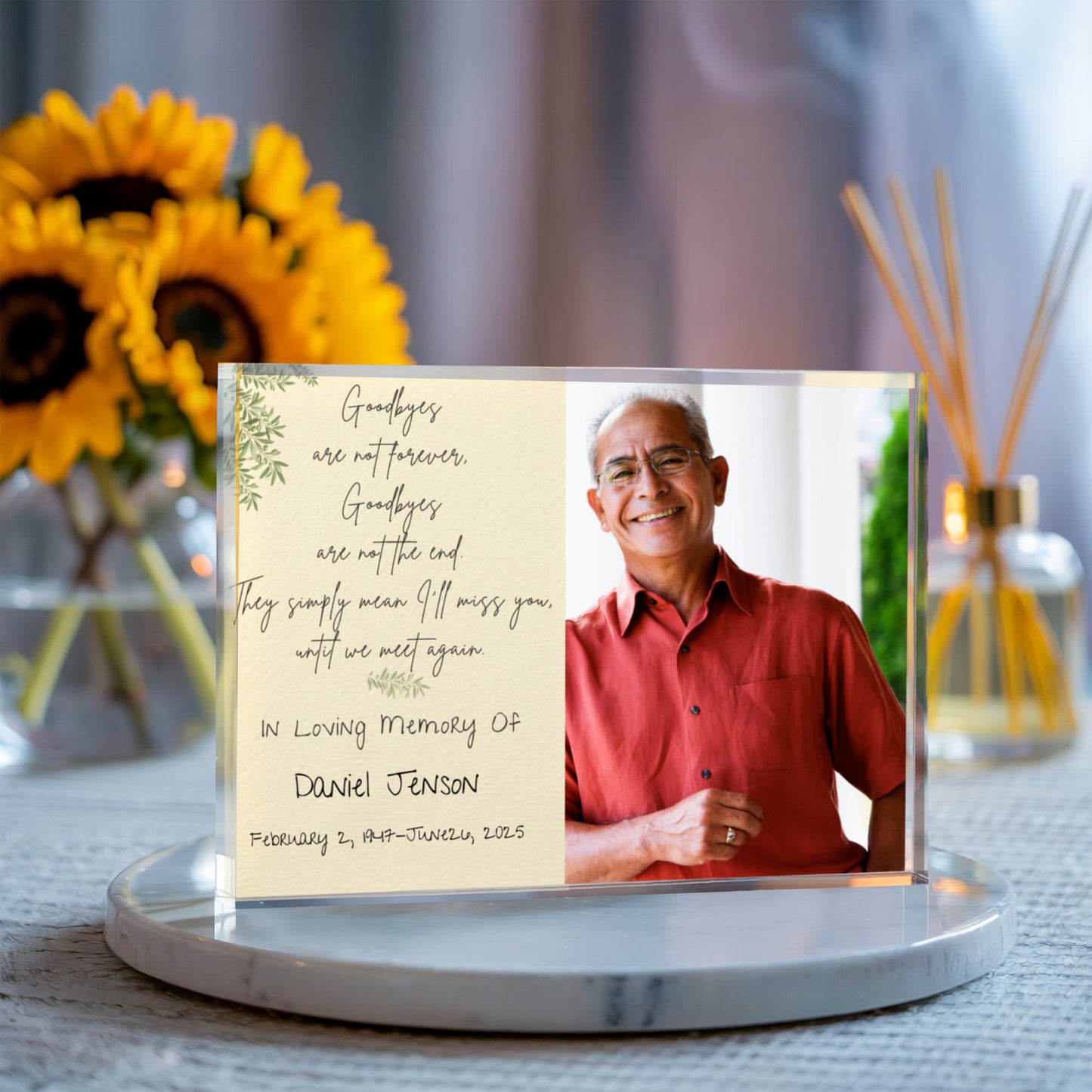In Loving Memory Acrylic Block – “Goodbyes Are Not Forever” Poem with Cream Panel & Custom Photo | Memorial Keepsake 7×5.25