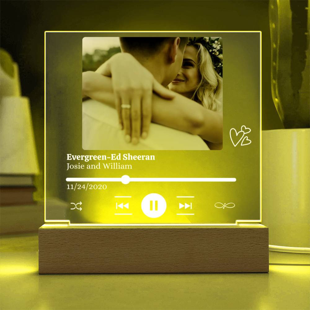 Personalized Photo, Song/Artist, Names & Date Acrylic Plaque with LED Light  - Gift for Couples