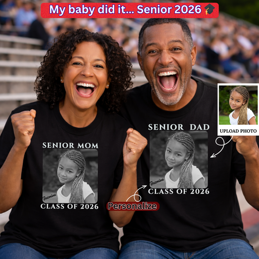Senior Mom Senior Dad Shirt - Class of 2026 Personalized  B/W Photo Tee - Proud Parent Graduation Gift Unisex