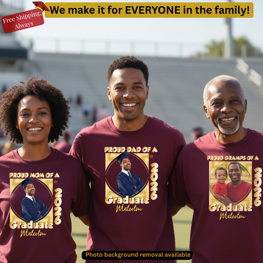 Proud Mom(Dad, Sister, Aunt) of a Graduate Beads GOLD Shirt | Personalized Photo Tee | Class of 2026  Unisex Cotton Tee