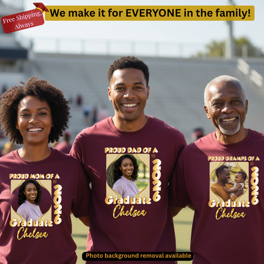 Proud Mom(Dad, Sister, Aunt) of a Graduate  Hollywood GOLD Shirt | Personalized Photo Tee | Class of 2026  Unisex Cotton Tee