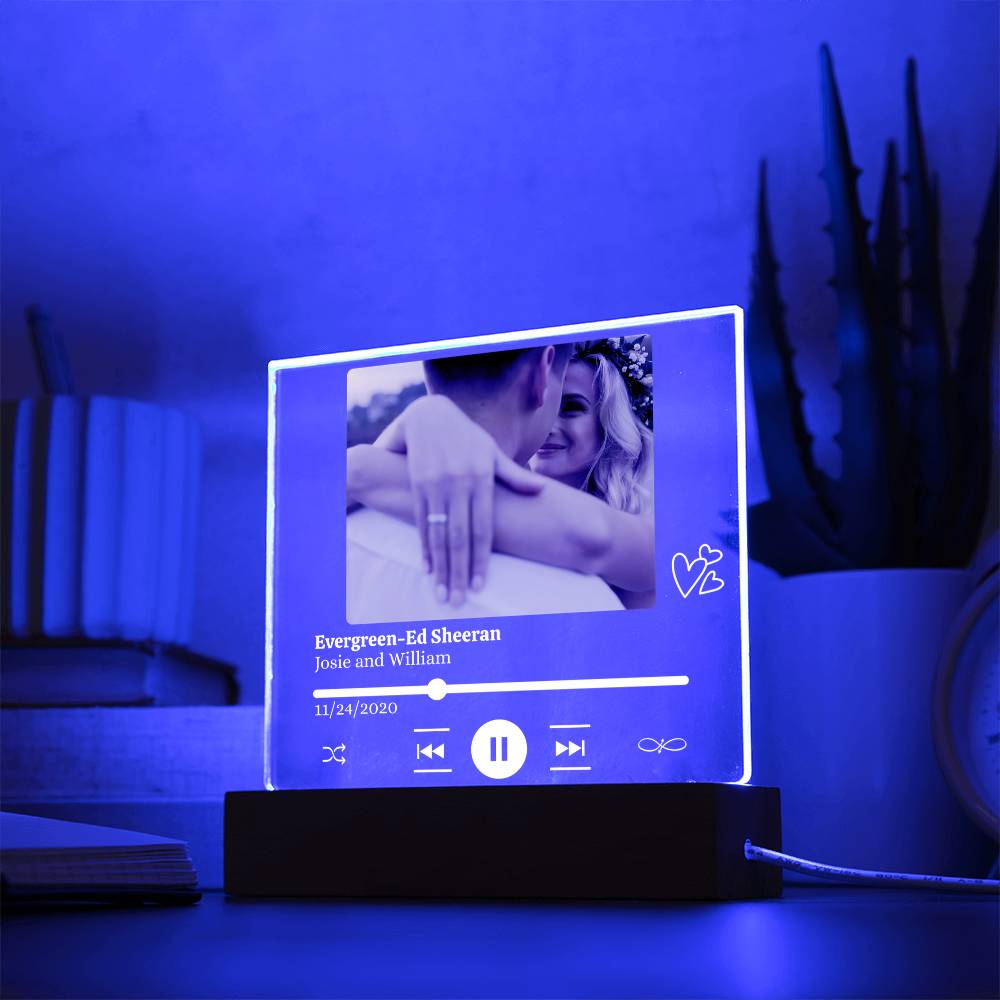 Personalized Photo, Song/Artist, Names & Date Acrylic Plaque with LED Light  - Gift for Couples