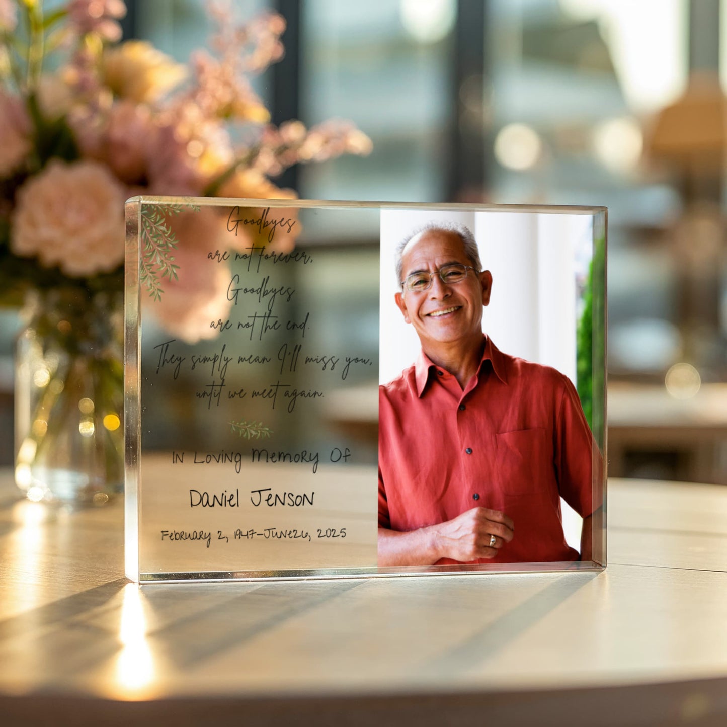 In Loving Memory Acrylic Block – “Goodbyes Are Not Forever” Poem with CLEAR  Panel & Custom Photo | Memorial Keepsake 7×5.25