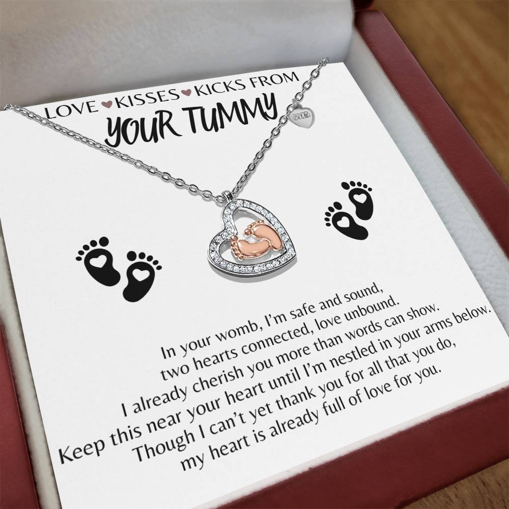 Mommy To Be-" Love, Kisses & Kicks from your Tummy"  | Sparkling Baby Feet Necklace |White Message Card