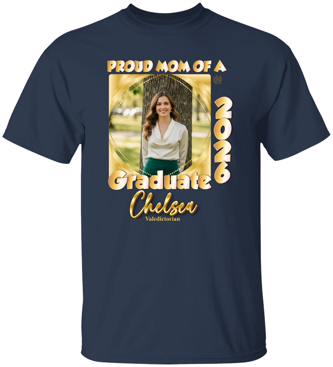 Proud Mom(Dad, Sister, Aunt) of a Graduate Beads GOLD Shirt | Personalized Photo Tee | Class of 2026  Unisex Cotton Tee