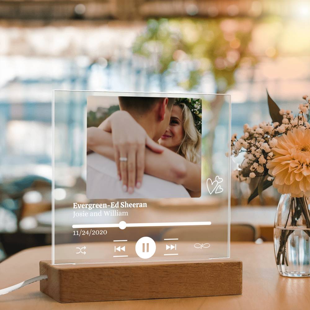Personalized Photo, Song/Artist, Names & Date Acrylic Plaque with LED Light  - Gift for Couples