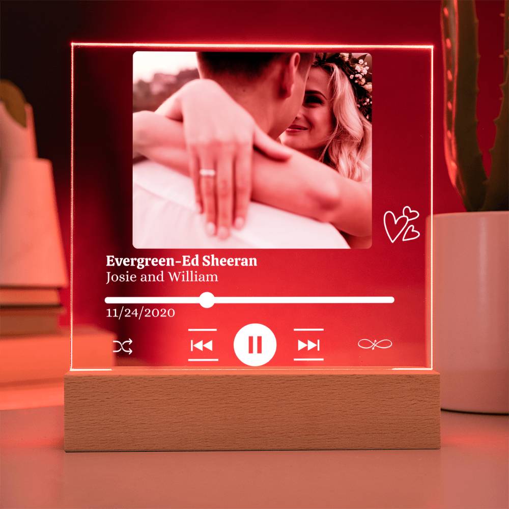 Personalized Photo, Song/Artist, Names & Date Acrylic Plaque with LED Light  - Gift for Couples