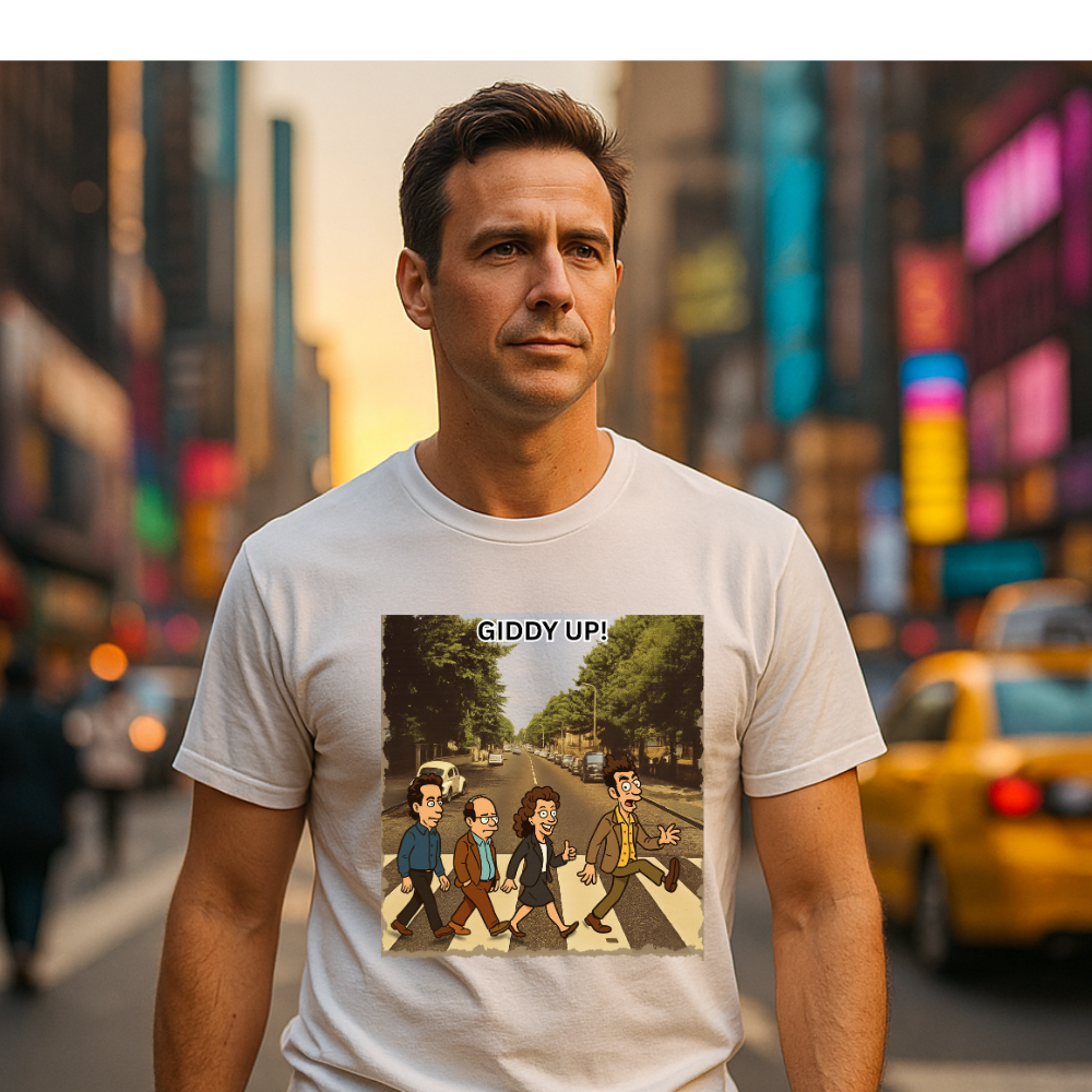 Giddy Up! Seinfeld Abbey Road Parody T-Shirt – Funny Pop Culture Tee for TV Show Fans