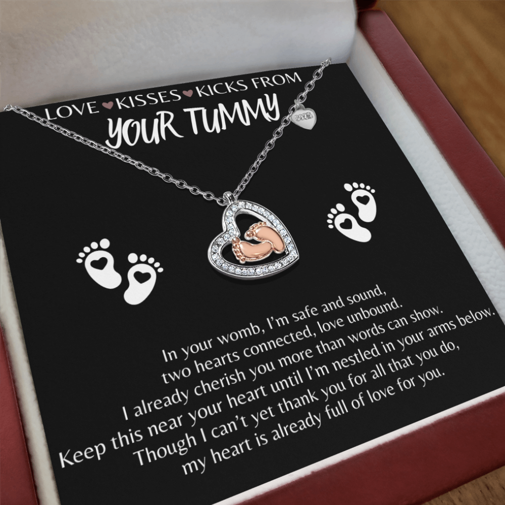 Mommy To Be-" Love, Kisses & Kicks from your Tummy"  | Sparkling Baby Feet Necklace |White Message Card