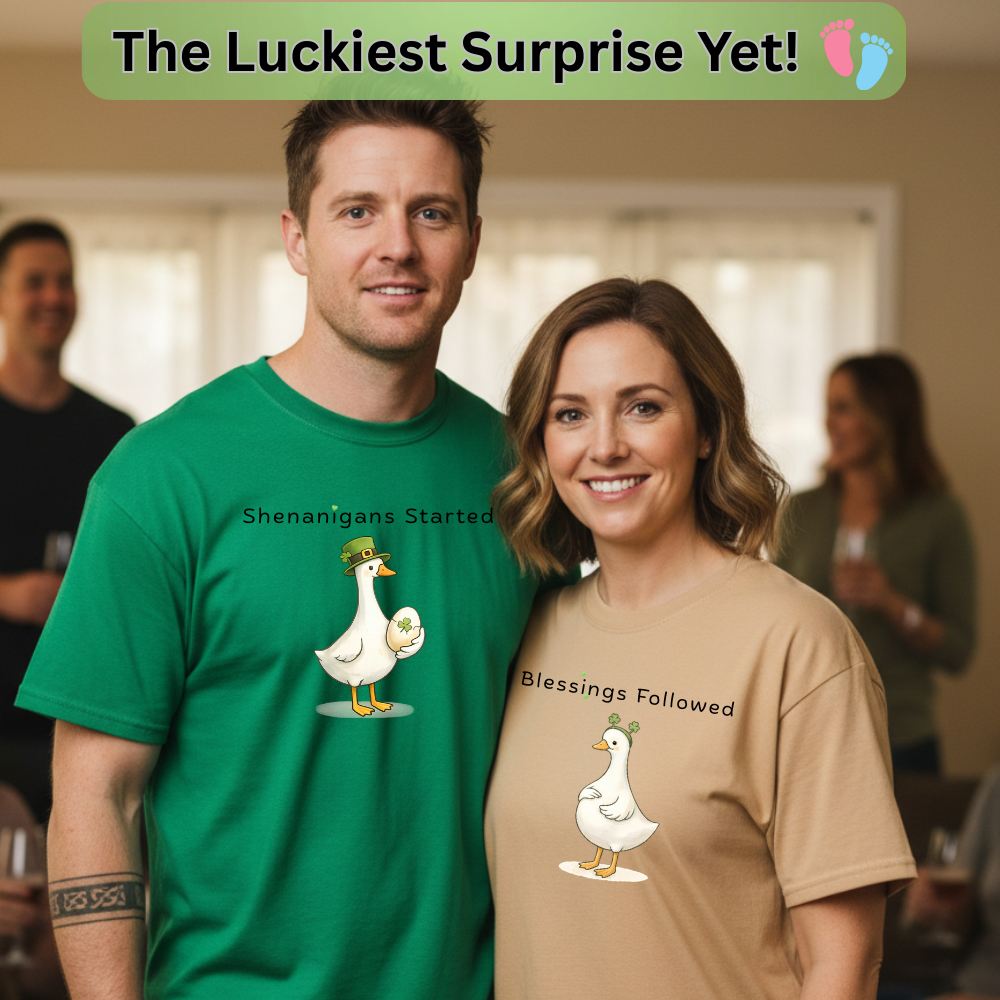 Shenanigans Started/Blessings Followed - St Patrick's Day Pregnancy Announcement Shirt - Funny Goose Tee for Expecting Parents-Unisex