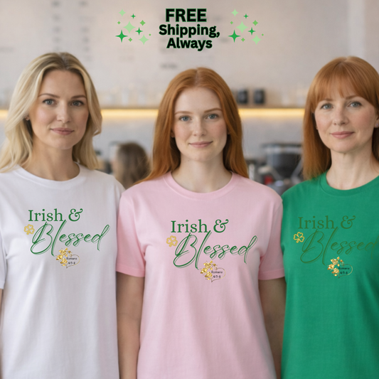 Irish and Blessed Shirt - St Patrick's Day Christian T-Shirt with Floral Heart & Scripture- Unisex Heavy Cotton Tee