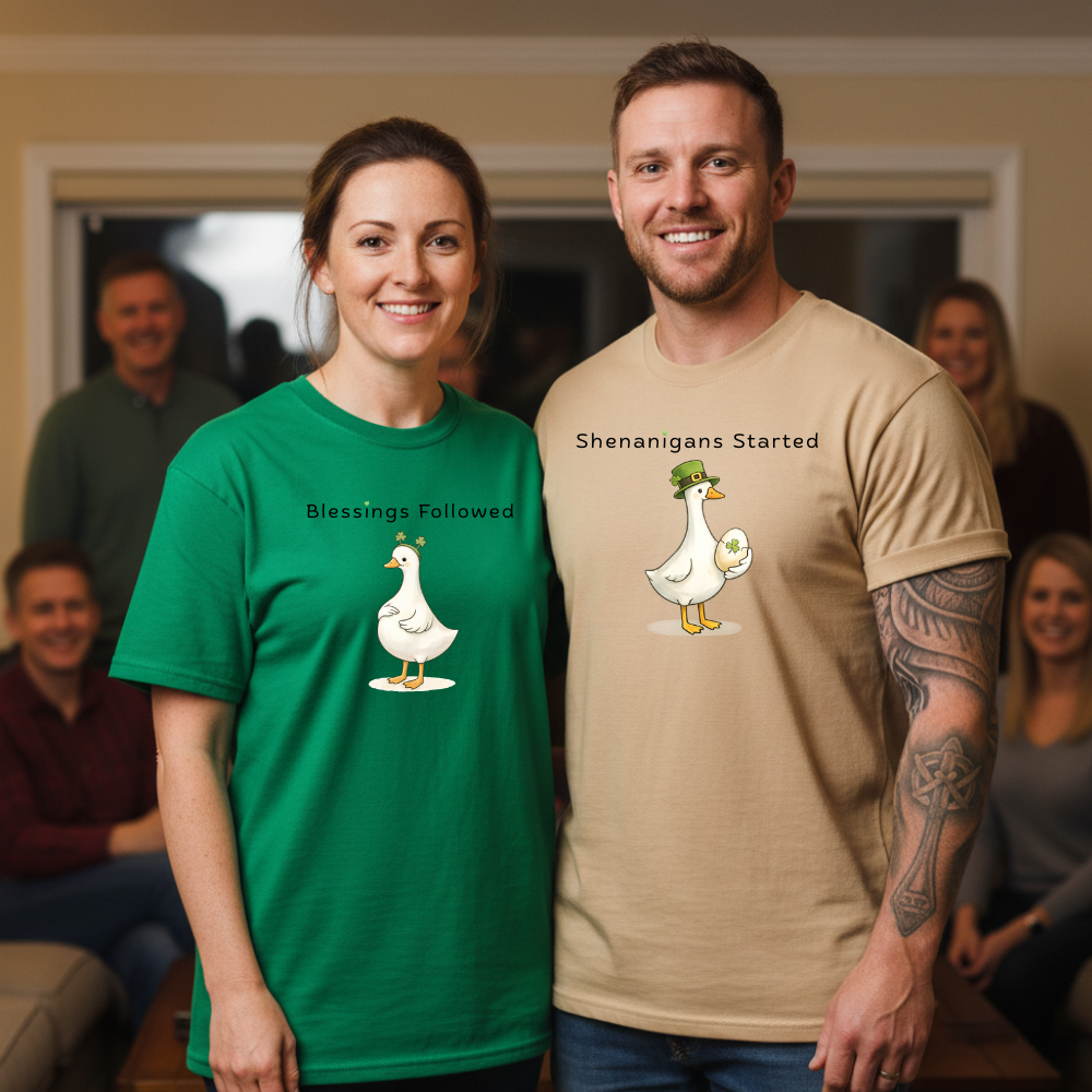 Shenanigans Started/Blessings Followed - St Patrick's Day Pregnancy Announcement Shirt - Funny Goose Tee for Expecting Parents-Unisex