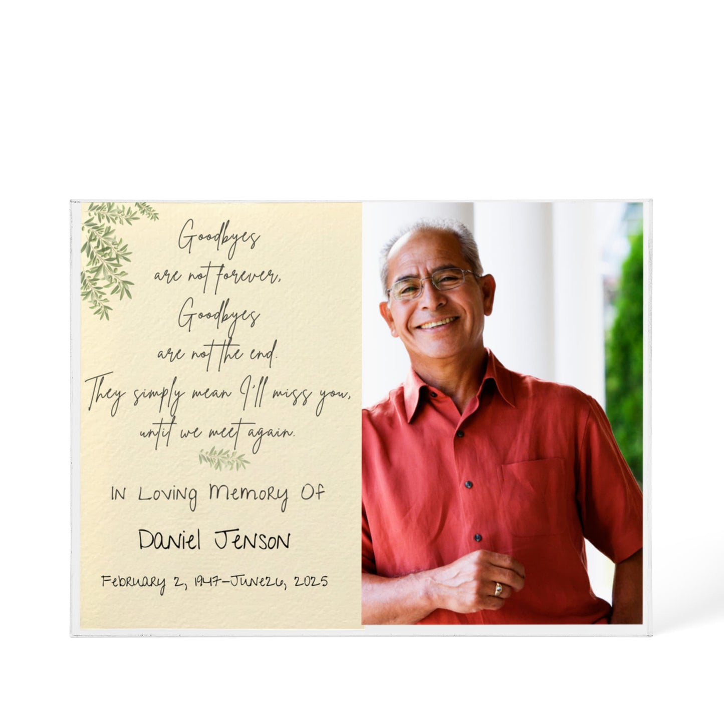 In Loving Memory Acrylic Block – “Goodbyes Are Not Forever” Poem with Cream Panel & Custom Photo | Memorial Keepsake 7×5.25