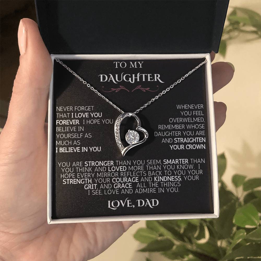 To My Daughter | Never Forget | Forever Love Necklace - Black Card with White Message
