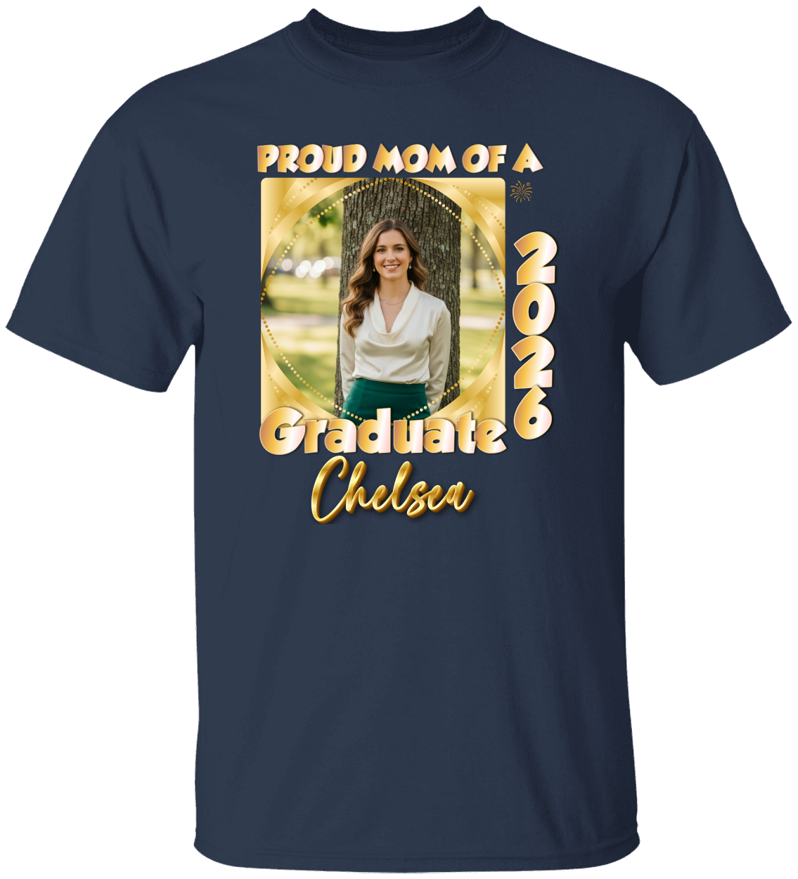 Proud Mom(Dad, Sister, Aunt) of a Graduate Beads GOLD Shirt | Personalized Photo Tee | Class of 2026  Unisex Cotton Tee
