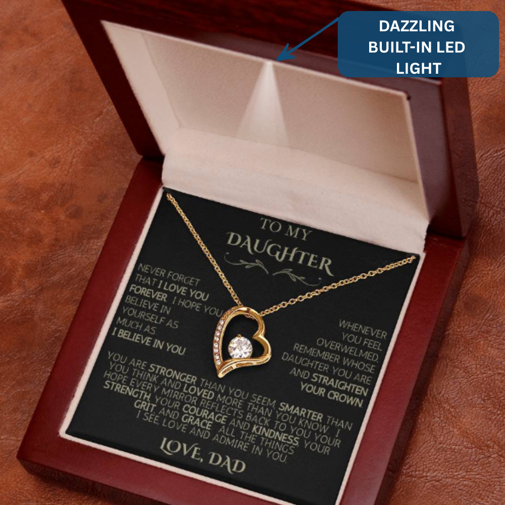 To My Daughter | Never Forget | Forever Love Necklace - Black Card with Gold Message